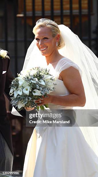 Zara Phillips departs for the Royal wedding of Zara Phillips and Mike Tindall at Canongate Kirk on July 30, 2011 in Edinburgh, Scotland. The Queen's...