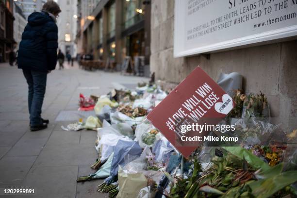 Memorial to the London Bridge terror attack of November 2019 on 7th January 2020 in London, England, United Kingdom. Floral tributes to those who...