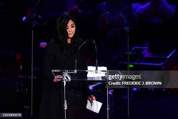Kobe Bryant's wife Vanessa Bryant arrives to speak during the "Celebration of Life for Kobe and Gianna Bryant" service at Staples Center in Downtown...