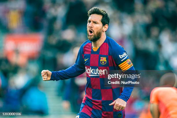 Lionel Messi from Argentina of FC Barcelona celebrating a goal during La Liga Santander match between FC Barcelona and SD Eibar at Camp Nou Stadium...