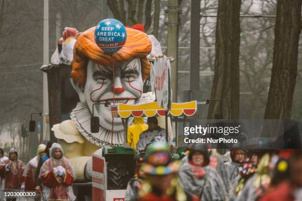 The float featuring Trump is seen during the Rose Monday parade on February 24, 2020 in Cologne, Germany.