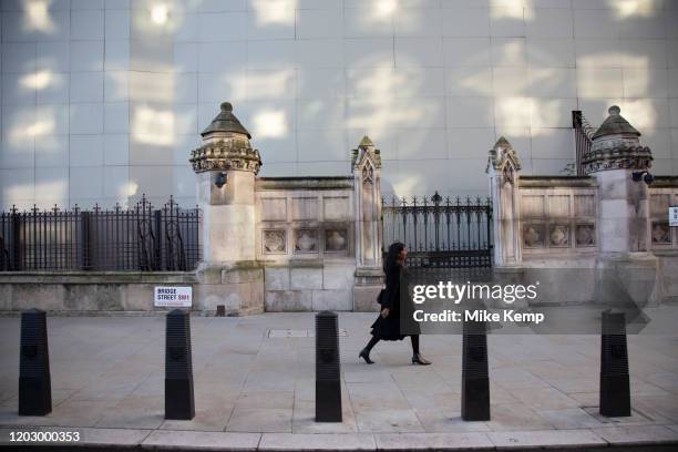 Reflections on a white hoarding from opposite windows against the Palace of Westminster, which is under refurbishment on 15th January 2020 in London,...