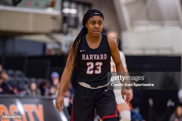 Harvard Crimson guard Gabby Donaldson looks on during the Ivy League college basketball game between the Harvard Crimson and Princeton Tigers on...