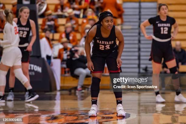 Harvard Crimson guard Gabby Donaldson during the Ivy League college basketball game between the Harvard Crimson and Princeton Tigers on February 21,...