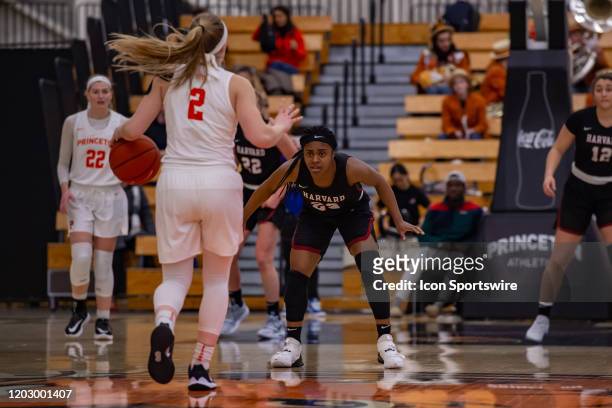 Harvard Crimson guard Gabby Donaldson defends Princeton Tigers guard Carlie Littlefield during the Ivy League college basketball game between the...