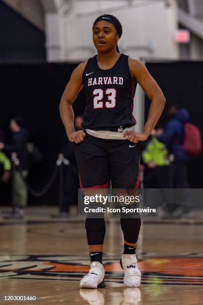 Harvard Crimson guard Gabby Donaldson during the Ivy League college basketball game between the Harvard Crimson and Princeton Tigers on February 21,...