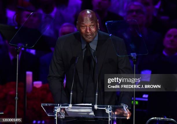 Retired US basketball player Michael Jordan speaks during the "Celebration of Life for Kobe and Gianna Bryant" service at Staples Center in Downtown...