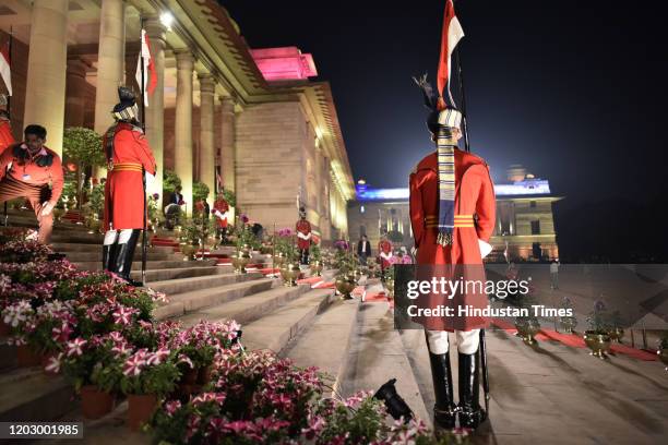 View of preparations for the ceremonial reception of US President Donald Trump and First Lady Melania Trump at the Fort Court, Rashtrapti Bhawan on...