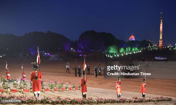 View of preparations for the ceremonial reception of US President Donald Trump and First Lady Melania Trump at the Fort Court, Rashtrapti Bhawan on...