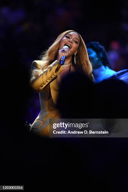 Singer, Beyonce performs during the Kobe Bryant Memorial Service on February 24, 2020 at STAPLES Center in Los Angeles, California. NOTE TO USER:...