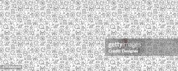 stockillustraties, clipart, cartoons en iconen met gezonde levensstijl gerelateerde naadloos patroon en achtergrond met line iconen - gezond eten