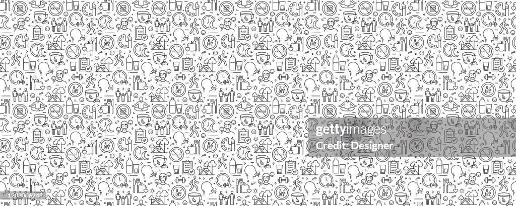 Healthy Lifestyle Related Seamless Pattern and Background with Line Icons