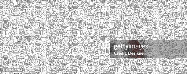 laundry and dry cleaning seamless pattern and background with line icons - laundry stock illustrations
