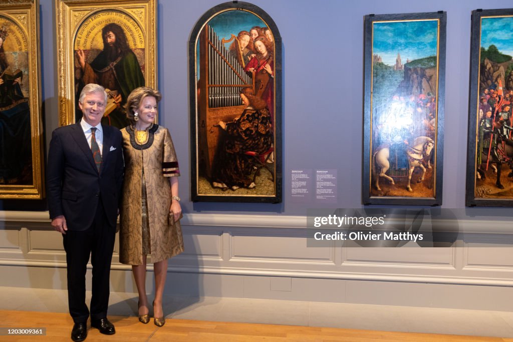 King Philippe Of Belgium And Queen Mathilde visit the "Van Eyck An Optical Revolution" Exhibition At The Museum Of Fine Art