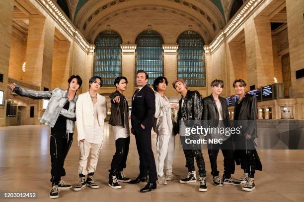 Episode 1211 -- Pictured: Jin, Jimin, and Jungkook of BTS, with host Jimmy Fallon and V, RM, SUGA, and J-Hope of BTS in Grand Central Terminal on...