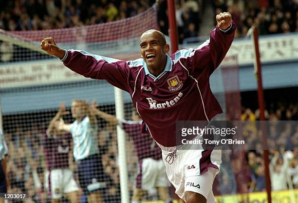 Trevor Sinclair of West Ham celebrates his goal during the FA Carling Premiership match against Middlesbrough played at Upton Park in London,...