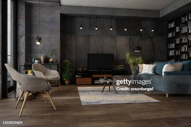 modernes wohnzimmer am abend - room modern interior stock-fotos und bilder