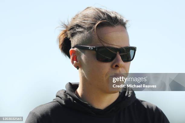 Offensive assistant coach Katie Sowers of the San Francisco 49ers looks on during practice for Super Bowl LIV at the Greentree Practice Fields on the...