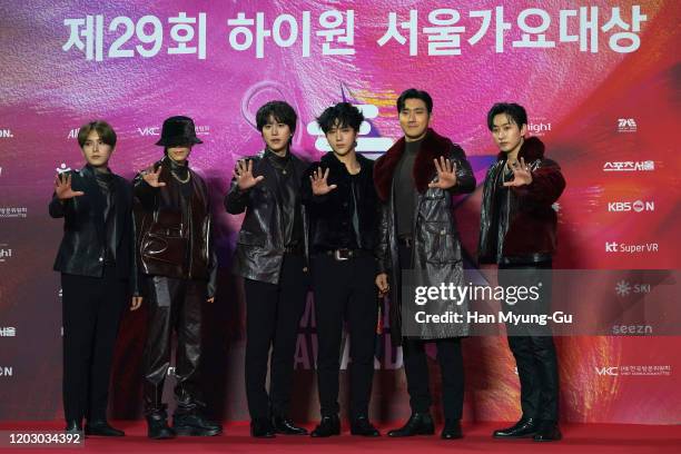 Members of South Korean boy band Super Junior attend the 29th Seoul Music Awards at Gocheok Sky Dome on January 30, 2020 in Seoul, South Korea.