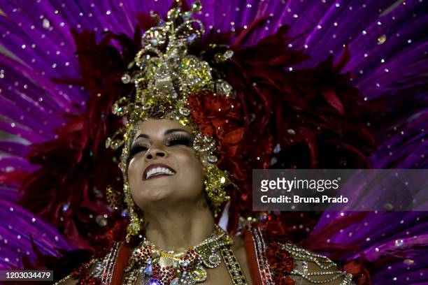 Member of Academicos do Salgueiro samba school performs during the second night of 2020 Rio's Carnival Parades at the Sapucai Sambadrome on February...