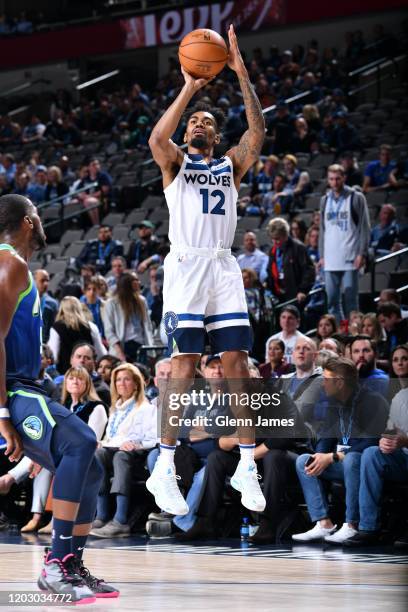 Jacob Evans of the Minnesota Timberwolves shoots the ball against the Dallas Mavericks on February 24, 2020 at the American Airlines Center in...