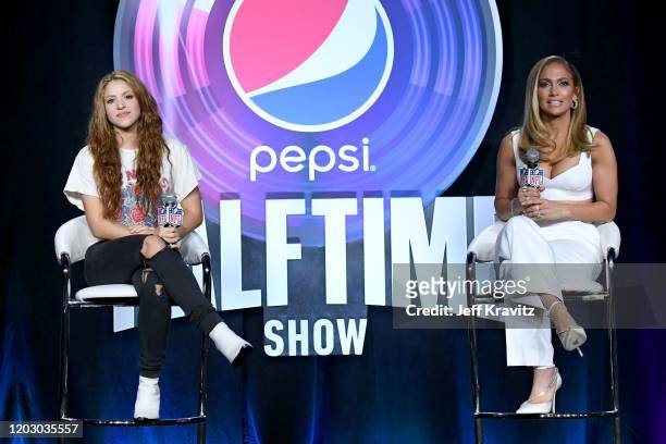 Shakira and Jennifer Lopez speak onstage during the Pepsi Super Bowl LIV Halftime Show Press Conference at Hilton Miami Downtown on January 30, 2020...