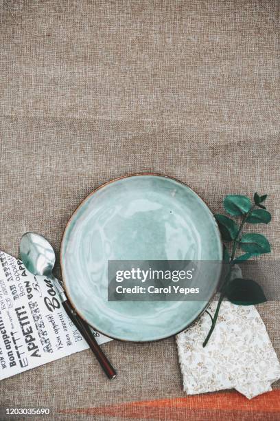 table setting empty plate and cutlery - blue plate stock pictures, royalty-free photos & images