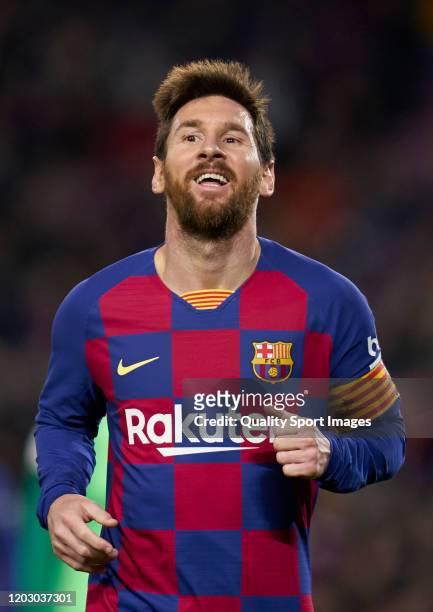 Lionel Messi of Barcelona celebrates after scoring his team's third goal during the Copa del Rey Round of 16 match between FC Barcelona and Leganes...