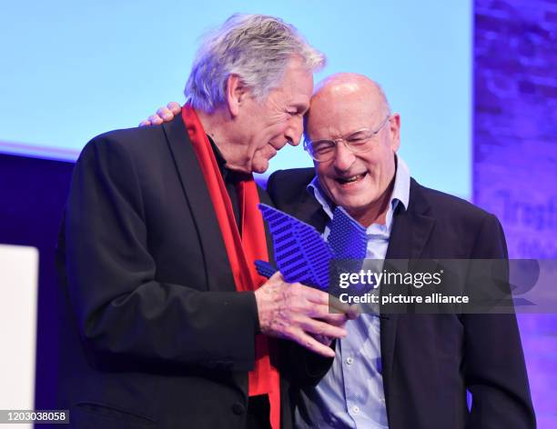 February 2020, Berlin: 70th Berlinale, Cinema for Peace Gala: The directors Costa-Gavras and Volker Schlöndorff. The International Film Festival...