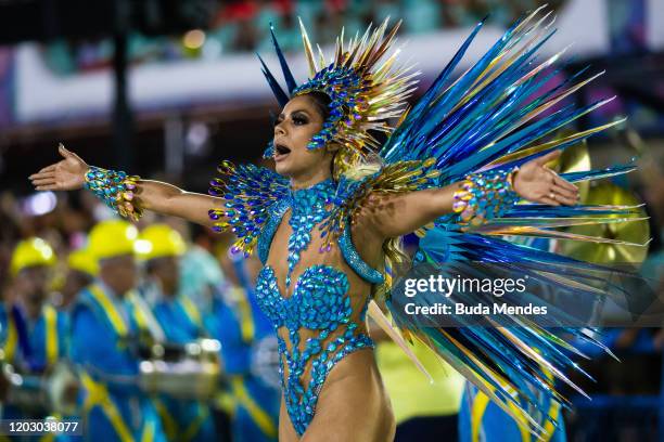 Queen of Percussion Lexa of Unidos da Tijuca samba school performs during the second night of 2020 Rio's Carnival Parades at the Sapucai Sambadrome...