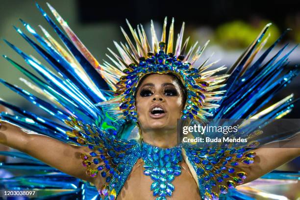 Queen of Percussion Lexa of Unidos da Tijuca samba school performs during the second night of 2020 Rio's Carnival Parades at the Sapucai Sambadrome...