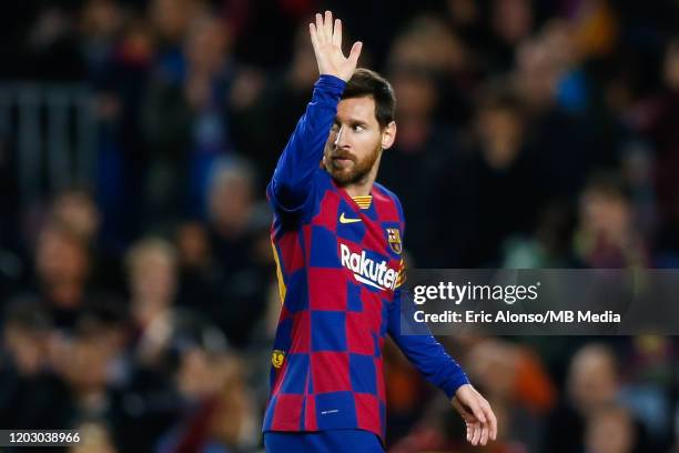 Lionel Messi of FC Barcelona waves to supporters after the 3-0 during the Copa del Rey round of 16 match between Barcelona and Leganes at Camp Nou on...