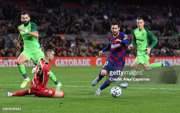 Lionel Messi of FC Barcelona scores the fifth goal during the Copa del Rey Round of 16 match between FC Barcelona and CD Leganes at Camp Nou on...