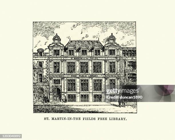 st martin in the fields, public library, victorian london - st martin in the fields stock illustrations
