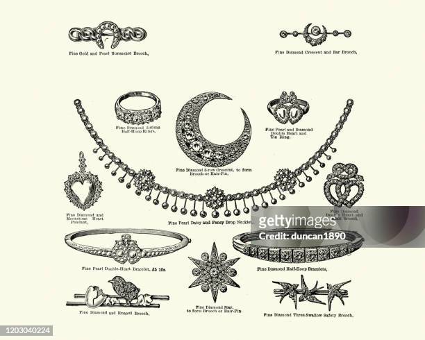 victorian jewellery, diamond, pearl, brooch, ring, necklet - vintage brooch stock illustrations