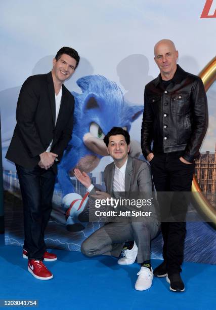 Director Jeff Fowler, Ben Schwartz and producer Neal H. Moritz attend the "Sonic the Hedgehog" London Fan Screening at Vue Westfield on January 30,...