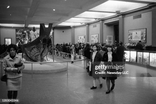 Photo of school children at the Native American canoe exhibit at the American Museum of Natural History in Manhattan on March 13, 1967.