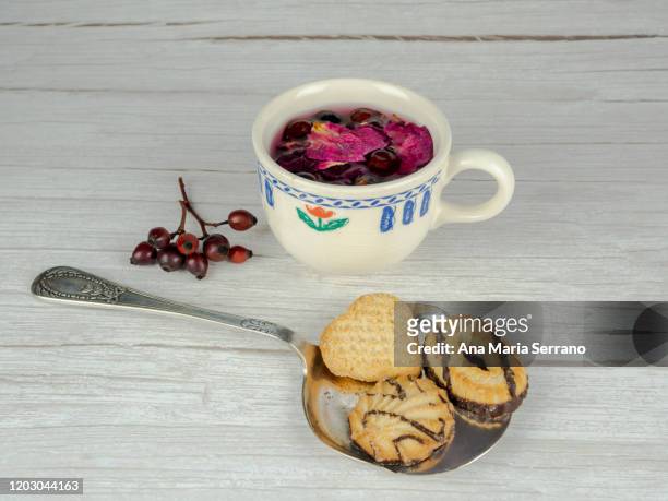 a cup of hot infusion of medicinal herbs with rose hips, hawthorn and rose petals and tea pastes - hot hips 個照片及圖片檔