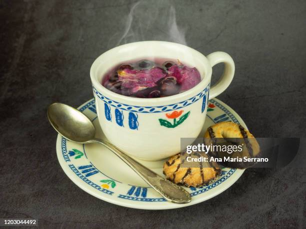 a cup with dish of hot infusion of medicinal herbs with rose hips, hawthorn and rose petals and tea pastes - hot hips 個照片及圖片檔