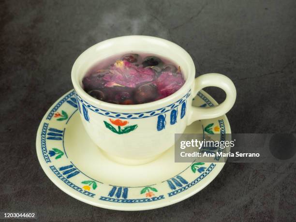 a cup with dish of hot infusion of medicinal herbs with rose hips, hawthorn and rose petals - hot hips 個照片及圖片檔