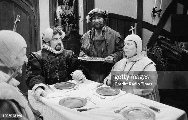 Actors Daniel Thorndike, Rowan Atkinson, Tony Robinson and Miriam Margolyes in a scene from episode 'Beer' of the BBC television series 'Blackadder...