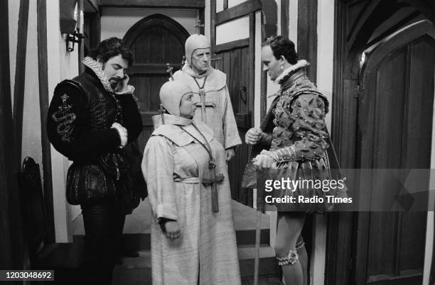 Actors Rowan Atkinson, Miriam Margolyes, Daniel Thorndike and Tim McInnerny in a scene from episode 'Beer' of the BBC television series 'Blackadder...