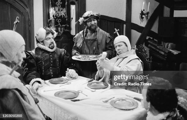 Actors Daniel Thorndike, Rowan Atkinson, Tony Robinson and Miriam Margolyes in a scene from episode 'Beer' of the BBC television series 'Blackadder...