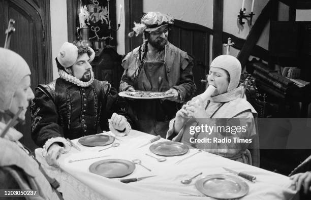 Actors Daniel Thorndike, Rowan Atkinson, Tony Robinson and Miriam Margolyes in a scene from episode 'Beer' of the BBC television series 'Blackadder...