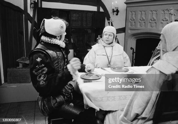 Actors Rowan Atkinson, Miriam Margolyes and Daniel Thorndike in a scene from episode 'Beer' of the BBC television series 'Blackadder II', July 7th...