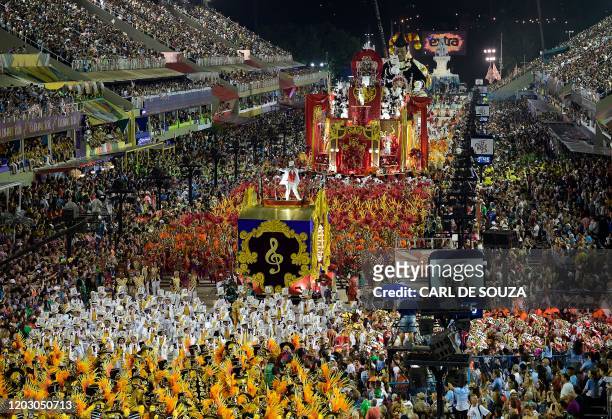 Performers from the Salgueiro samba school perform during the last night of Rio's Carnival parade at the Sambadrome Marques de Sapucai in Rio de...