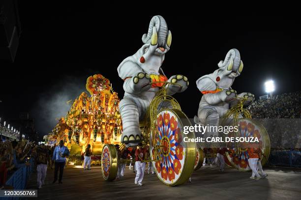 Members of the Salgueiro samba school perform during the last night of Rio's Carnival parade at the Sambadrome Marques de Sapucai in Rio de Janeiro,...