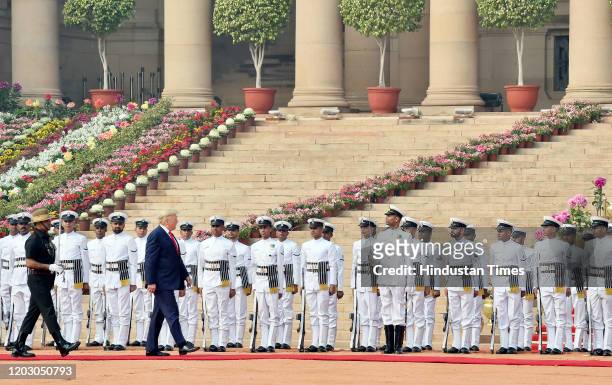 President Donald Trump inspects the Guard of Honour during his ceremonial reception at Rashtrapati Bhavan, on February 25, 2020 in New Delhi, India.