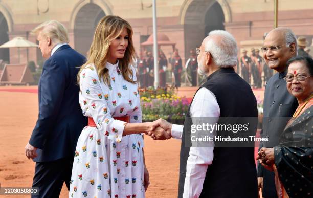 President Donald Trump and US First Lady Melania Trump being welcomed by Indian President Ram Nath Kovind, his wife Savita Kovind and Indian Prime...