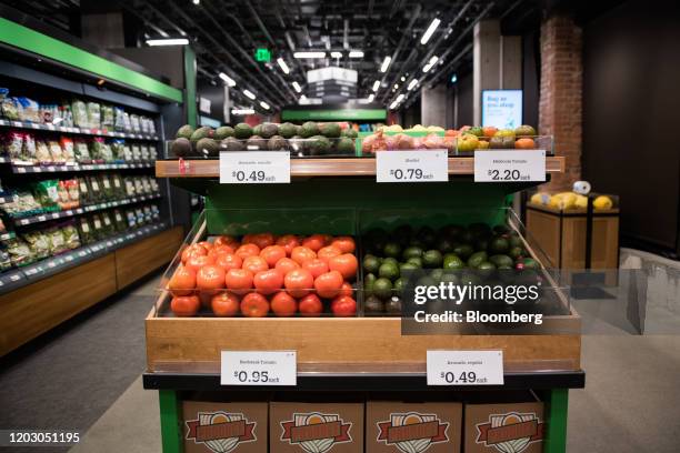 Produce sits on shelves during a tour of a new Amazon Go store in the Capitol Hill neighborhood of Seattle, Washington, U.S., on Monday, Feb. 24,...